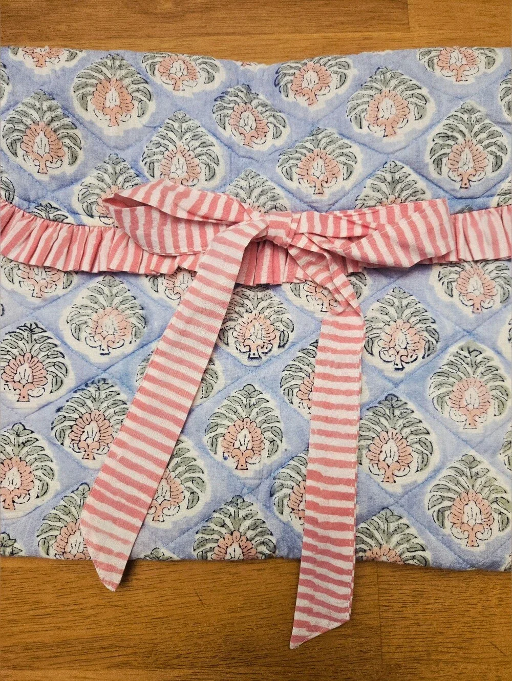 Blue and Pink Floral Quilted Laptop Cover with Ruffle Tie